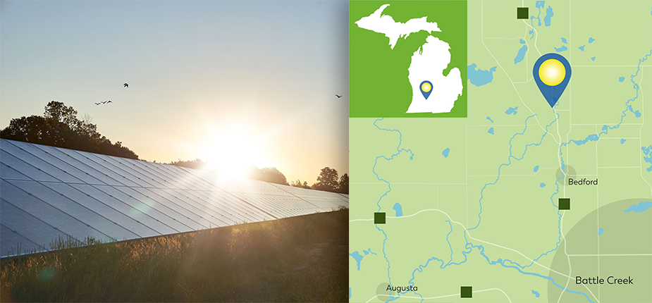 Map of Spring Creek Agri-Energy Center location superimposed over field of solar panels